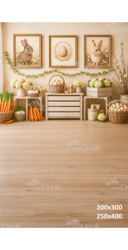 Tło fotograficzne wielkanocne z królikami, jajkami i marchewkami | E569